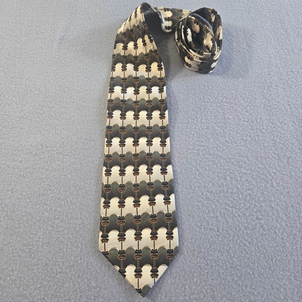 Mosaic Necktie Mens OS Green Geometric Silk Hand Made Abstract Barbell Pattern